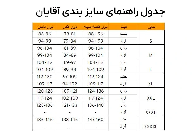 جدول سایزبندی لباس