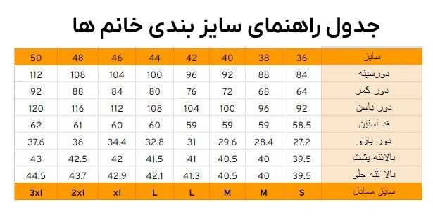 جدول سایزبندی لباس